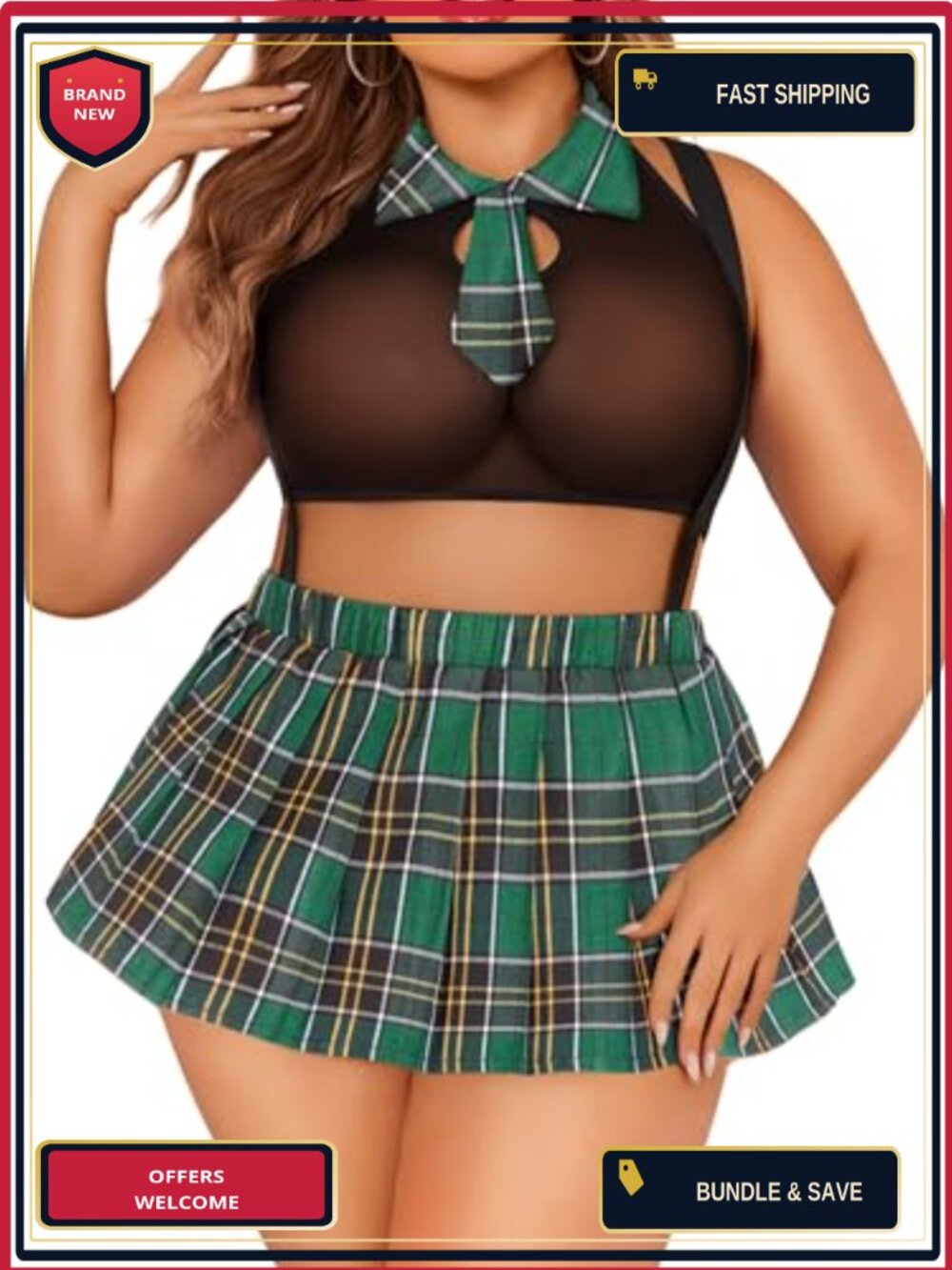 Plus Size Schoolgirl Lingerie Set Polyester Spandex Plaid Mini Skirt Roleplay